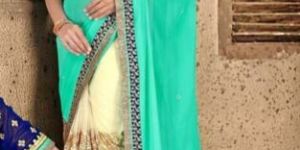 Stylish georgette designer saree with yellow and green color - 9268