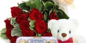 12 Red Rose Bouquet with Teddy & Ferero Rocher