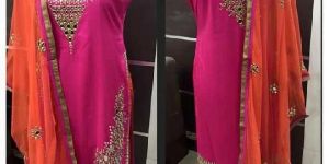 PINK GEORGETTE REAL MIRROR WORK STRAIGHT CUT SUIT