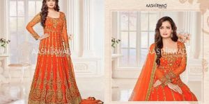 WEDDING WEAR ORANGE NET WITH HEAVY CODDING WORK ANARKALI SUIT