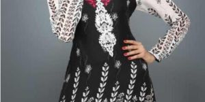 Black, off White and Red Faux Georgette Embroidered Tunic