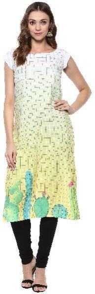 Janasya Women's Yellow Digital Printed Crepe Kurti