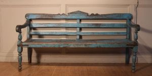 Distressed Blue Slat Backrest Bench