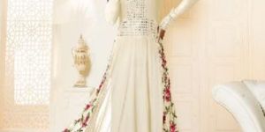 Poly Silk Machine Work White Long Suits