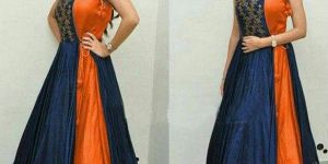 Poly Silk Orange & Blue Plain Long Suits