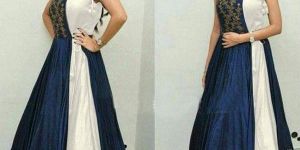 Poly Silk White & Blue Plain Long Suits