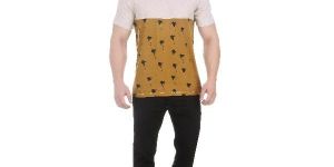 Girggit Round Neck Oatmeal Melange Cotton T-Shirt For Men With Floral Graphic