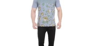 Girggit Round Neck Silver Grey Cotton T-Shirt For Men With Floral Graphic