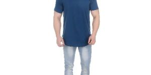 Girggit Round Neck Volcanic Blue Cotton Long T-Shirt For Men With Cut And Sew