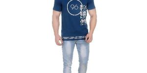 Girggit Round Neck Volcanic Blue Cotton T-Shirt For Men With Floral Numeric Graphic