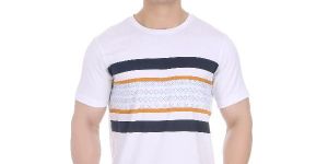 Girggit Round Neck White Cotton T-Shirt For Men With Pixelated Striped Graphic