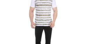 Girggit Round Neck White Cotton T Shirt with All over Multi Tribal Stripe Graphic