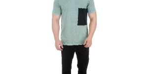 Girggit V Neck Smoke Green Overdyed Cotton T-Shirt For Men With All Over Geo Graphic