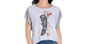 Girggit Women's Round Neck Knitted Woven Front Panel Printed Crop Top