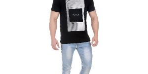 Mens striped graphic Girggit Round Neck Black Cotton T-Shirt