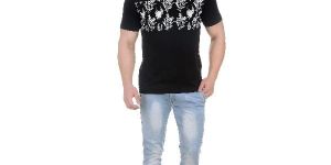 Round Neck Black Cotton T-Shirt For Men With Floral Graphic
