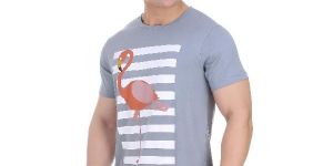 Round Neck Silver Grey Cotton T-Shirt For Men With Artistic Graphic