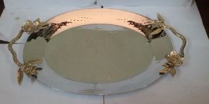 Steel Oval Tray with Brass Flower Handles
