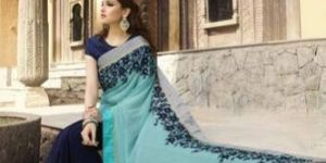 Shaily Turquoise Georgette Heavy Embroidered Saree