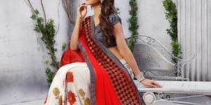 Shaily White & Red Georgette Printed Saree