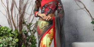 Shaily Yellow & Grey Georgette Printed Saree