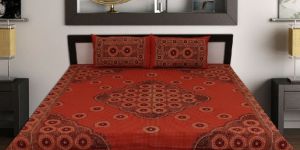 Kraft Sutra Barmeri Block Print Cotton Orange King Size Bed Cover