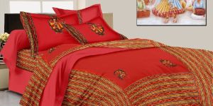 Red Colour Patch Work Cotton Double Bedsheet