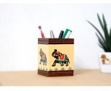 Wooden Pen Stand with Traditional Elephant Painting