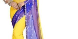 Yellow Blue Bandhani Chiffon Sarees