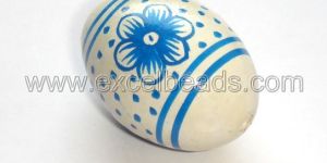 White & Blue Printed Oval Ceramic Beads