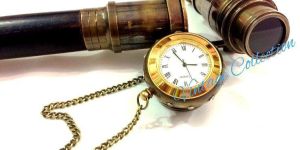 Wooden Walking Stick Hidden Spy Brass Telescope with Clock