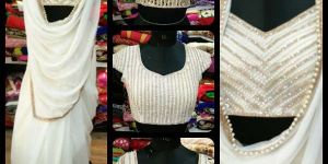 White Designer Blouse and Plain Saree