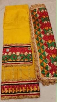 Ladies Unstitched Yellow Phulkari Border Embroidery Suit