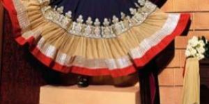 GEORGETTE NAVY BLUE & FAWN ANARKALI SALWAR SUIT - GLOS 3401