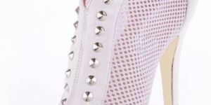 White Rivets Mesh Cloth Woman's High Heel Booties