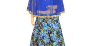 Silk Blue Top, Embroided Net Blue Top with Silk Printed Lehenga