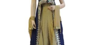 Silk Gold Spaghetti, Silk Blue Long Jacket with Lycra Gold Bottom