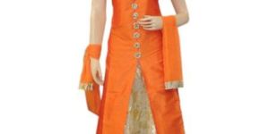 Silk Orange Long Jacket Style Suit with Jute Gold Lehenga