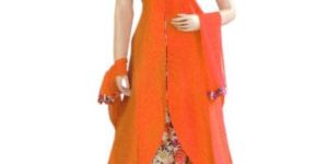 Silk Orange Long Jacket Style Suit with Silk Printed Lehenga
