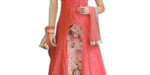 Silk Peach Long Jacket Style Suit with Silk Printed Lehenga