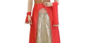 Silk Pink Long Jacket Style Suit with Jute Gold Lehenga