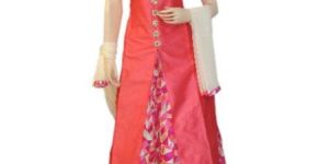 Silk Pink Long Jacket Style Suit with Silk Printed Lehenga