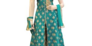 Silk Rama Green Long Jacket Style Suit with Silk Gold Bottom