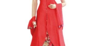 Silk Red Long Jacket Style Suit with Silk Printed Lehenga