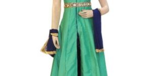 Silk Sea Green Long Jacket Style Suit with Silk Navy Blue Pant