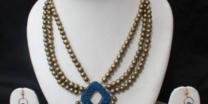 Terracotta Designer Jewelry 3 Layered Golden Beaded Blue Pendant Set