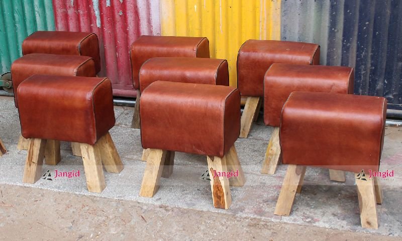WOODEN LEATHER POUF STOOL