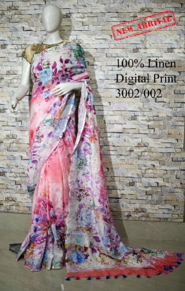 3002 / 002 - Digital Printed Linen Saree