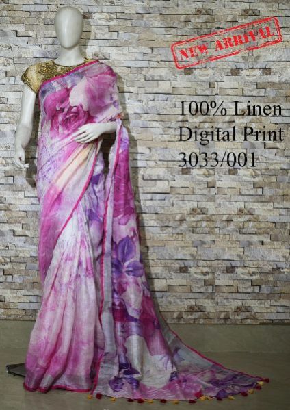 3033 / 001- Digital Printed Linen Saree
