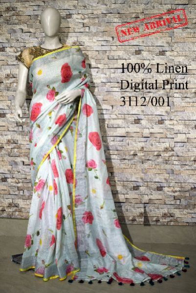 3112 , 001- Digital Printed Linen Saree